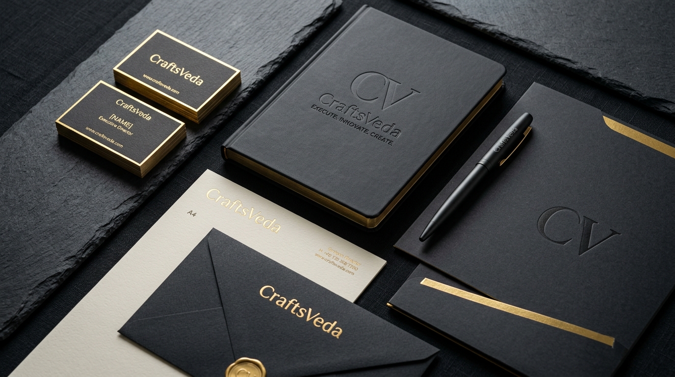 Premium corporate stationery suite with business cards, letterheads, and presentation folders printed by CraftsVeda
