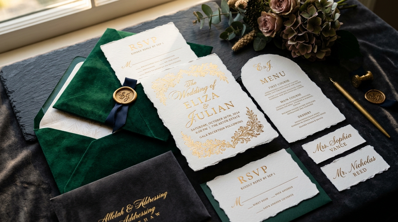 Bespoke wedding stationery, deckle-edge invitations, and event suites printed by CraftsVeda