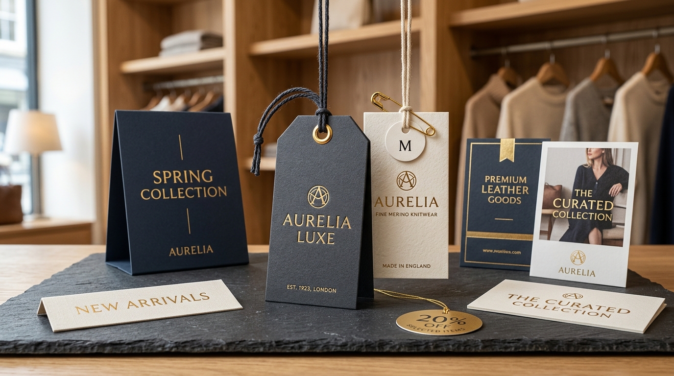 Retail point-of-sale materials, luxury apparel hang tags, and display cards printed by CraftsVeda
