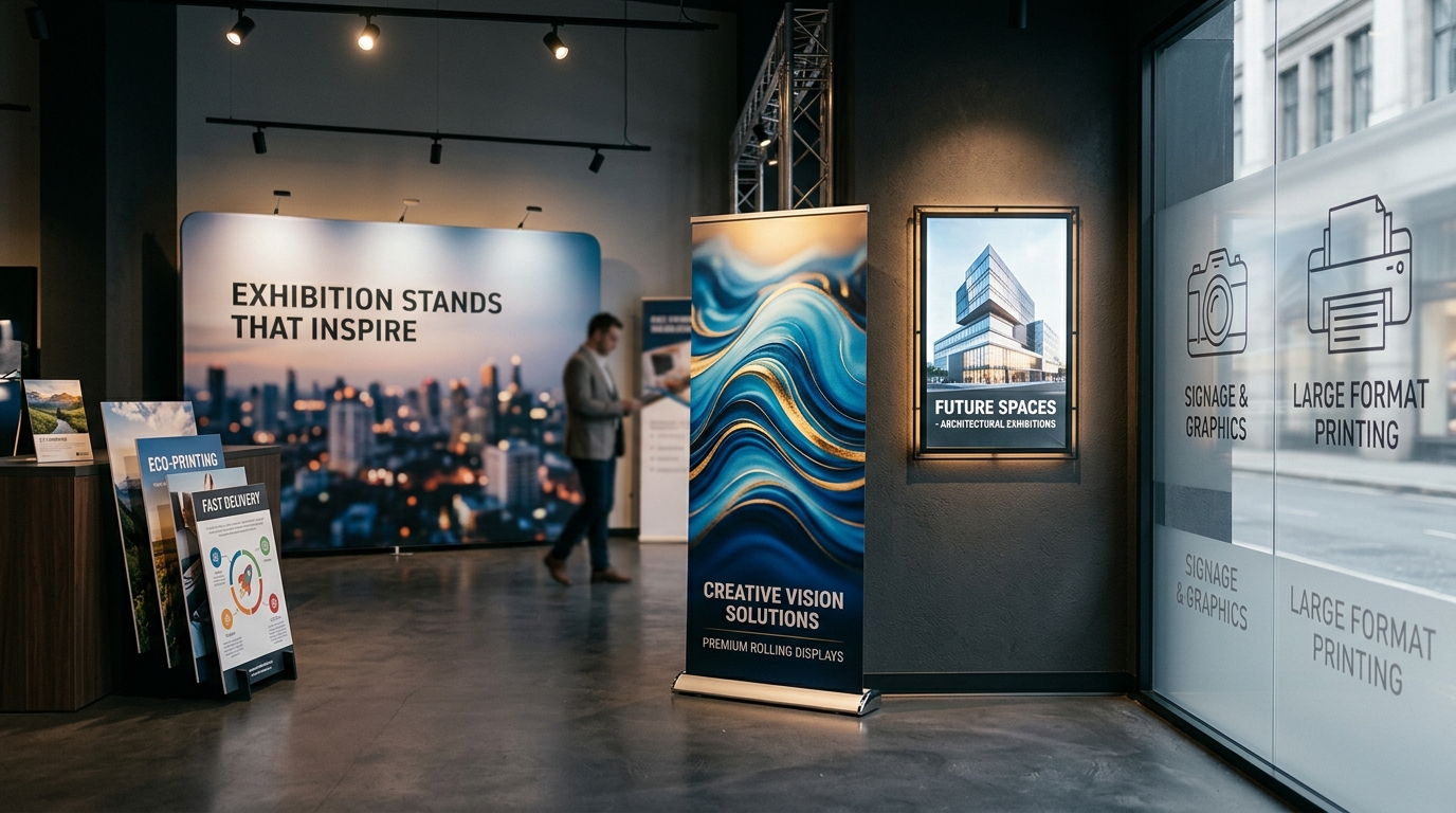 Large format exhibition banners, roll-up standees, and display graphics printed by CraftsVeda