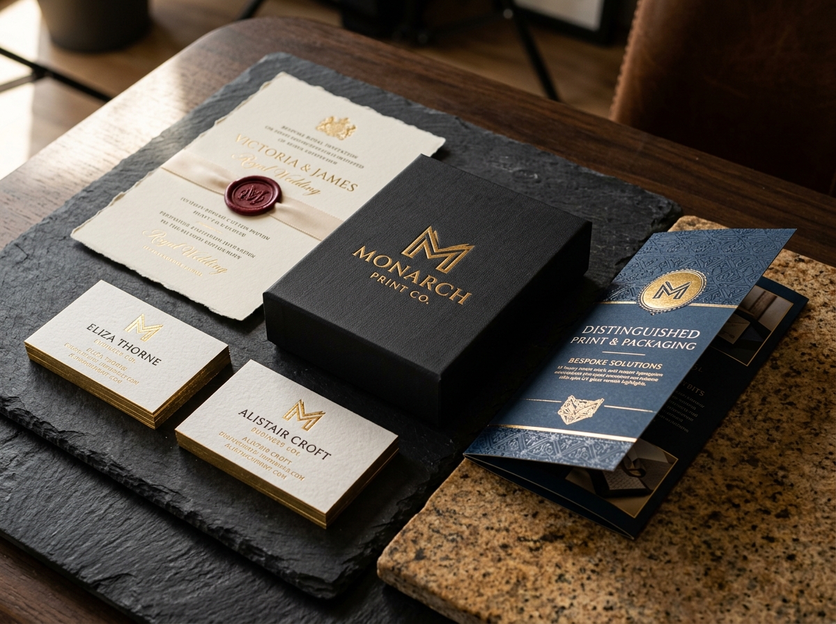 CraftsVeda Luxury Printing Mockups - Business Cards, Rigid Packaging, Deckle Edge Invitations, and Spot UV Brochures